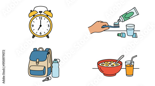 A collection of four illustrations depicting a morning routine, including an alarm clock, brushing teeth, preparing a backpack, and eating breakfast.