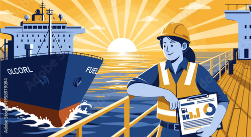 Woman Engineer Inspecting Cargo Ship Deck at Sunrise.