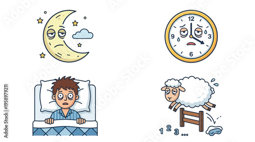 Illustrations depicting various aspects of insomnia, including a tired moon, a late clock, a sleepless person in bed, and a fatigued sheep counting.
