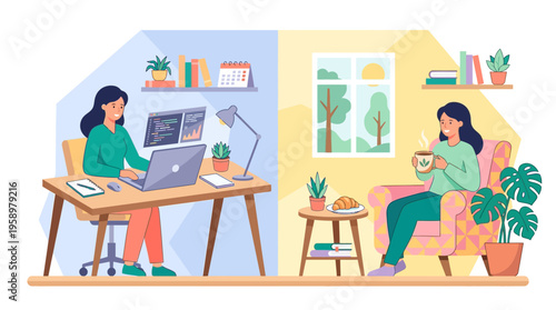 Two women working and relaxing at home.