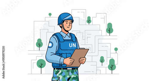 United Nations Peacekeeper Holding Clipboard in Urban Setting.