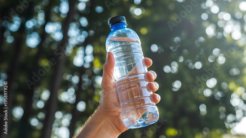 Hand holding plastic water bottle in forest representing hydration health and environmental awareness concept