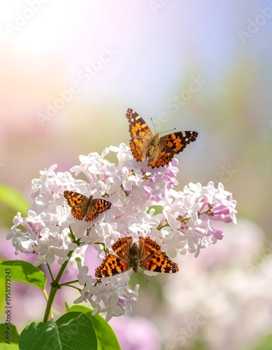 Butterflies on Lilac Blossoms in Spring Sunlight.