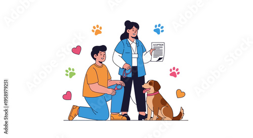 Veterinarian and owner with dog at clinic.