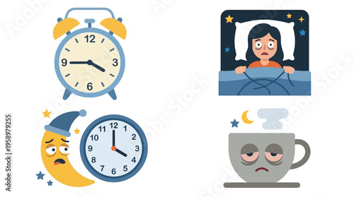 Illustrations depicting various aspects of sleep problems, insomnia, fatigue, and the struggle to wake up or stay awake.