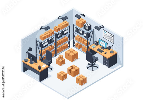 An organized warehouse storage facility with desks, computers, and stacked inventory boxes