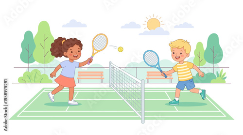 Two happy children playing tennis on a sunny day.