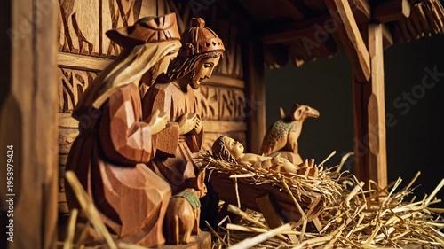 Wooden nativity scene carving, featuring Mary, Joseph, and baby Jesus in a stable with straw, traditional Christmas depiction, religious holiday, peaceful mood