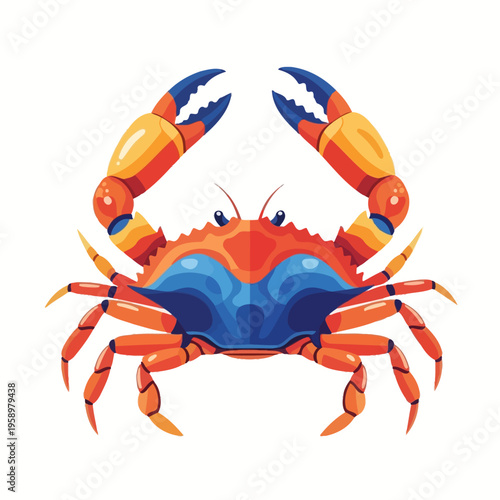 Vibrant Blue and Orange Crab Illustration with Claws Raised.