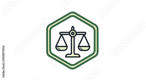 Justice Scales Icon Within a Green Hexagon Shape for Legal and Fairness Concepts