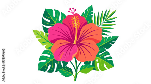 Vibrant Hibiscus Flower with Tropical Leaves Illustration.