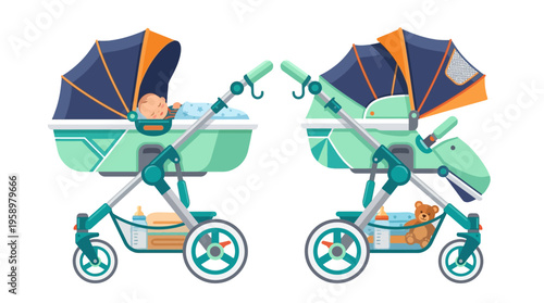 Two Modern Baby Strollers Side By Side Illustration.