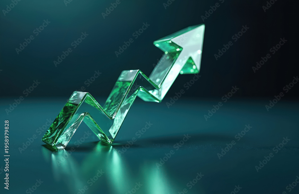 Obraz premium Clear glass arrow shape points upward. Shiny reflective surface below. Represents business growth progress and rising trends. Modern clean studio illustration.