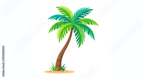 Vibrant Green Palm Tree Illustration on White Background.