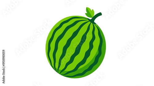 Vibrant Green Watermelon with Dark Stripes and Leaf.