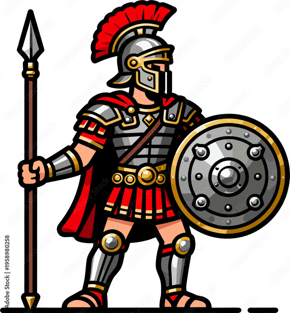 Obraz premium Cartoon Roman Soldier Warrior with Spear and Shield Vector Illustration