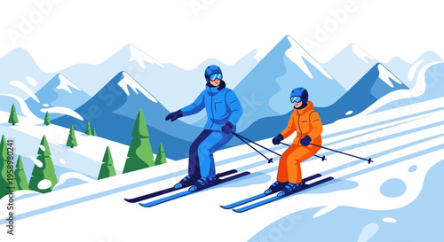 Two skiers enjoying a snowy mountain slope together.