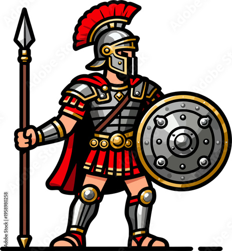 Cartoon Roman Soldier Warrior with Spear and Shield Vector Illustration