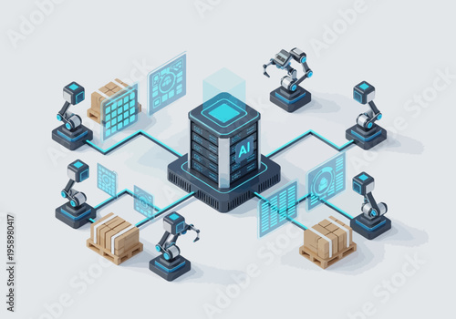 Automated warehouse with robotic arms, AI server, and cargo pallets in a smart logistics network