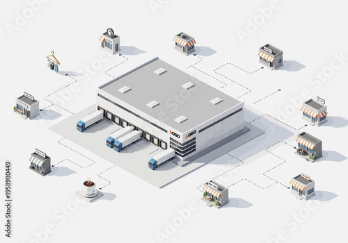 Conceptual network of distribution centers and retail stores with logistics connections on a white background