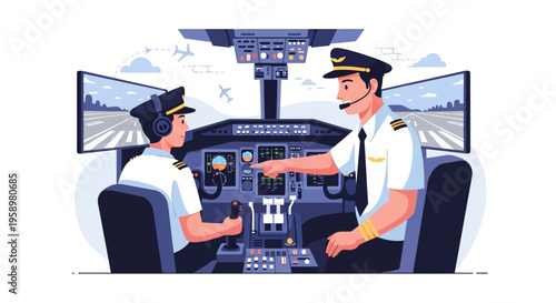 Two pilots in airplane cockpit during flight training simulation.