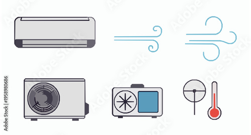Air Conditioner Cooling Air Flow Icon Set, Cold Wind Waves HVAC Vector Symbols