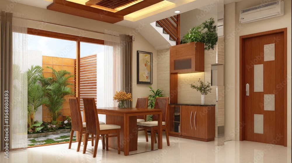 Fototapeta premium Elegant dining room interior with wooden furniture and natural light