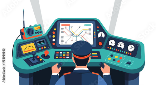 Train Driver Operating Modern Control Panel with Digital Display.