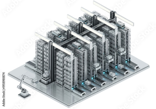 Automated warehouse with robotic arms and conveyor belts for efficient logistics and storage solutions