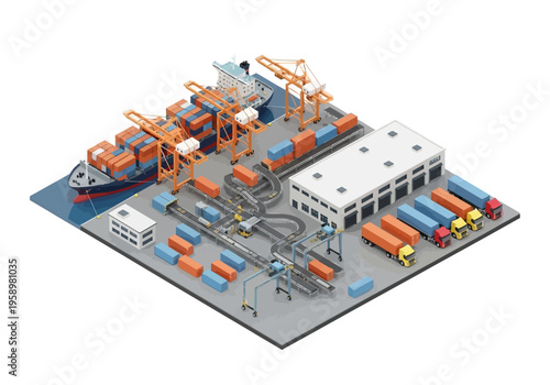 Modern Logistics Port with Cargo Ship, Cranes, Containers, and Trucks