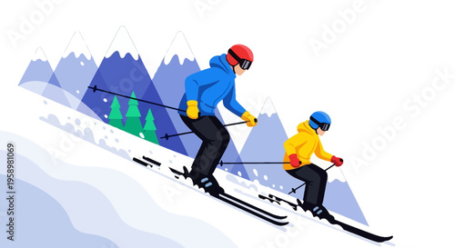 Two skiers descending a snowy mountain slope together.