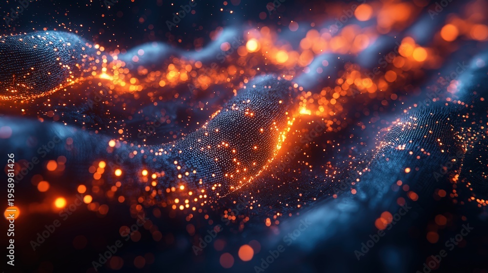 Fototapeta premium A digital wave of glowing orange and blue particles creates a dynamic, futuristic texture with flowing, interconnected points of light and depth.