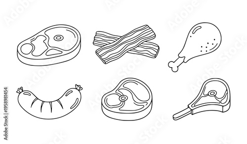 Minimal hand drawn meat icons black outline food vector illustration set