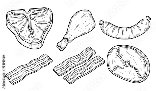 Hand drawn meat set black and white food sketch vector illustration