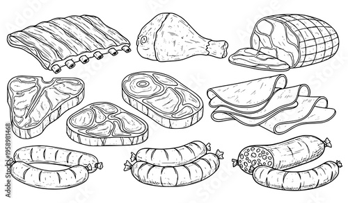 Black and white meat cuts hand drawn sketch food vector illustration set