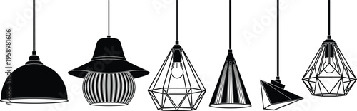 Modern pendant lighting collection silhouettes featuring industrial, geometric, and minimalist hanging lamps isolated on white background, stylish interior decor elements for contemporary home 