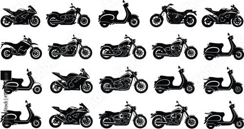 WebMotorcycle black silhouette icon set featuring sport bikes, classic cruisers, delivery scooters, and vintage mopeds isolated on white background for transportation and automotive design.
