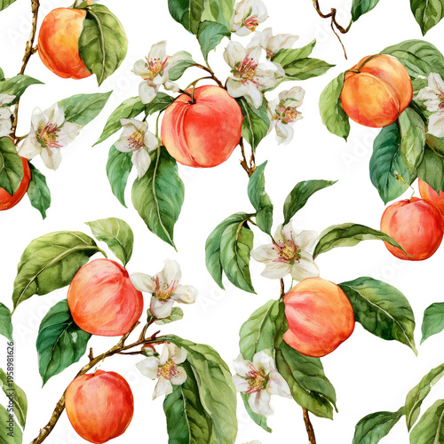 Vibrant Peaches and Blossoms on a Green Leafy Background