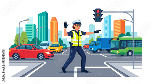 Traffic police officer directing vehicles at intersection.