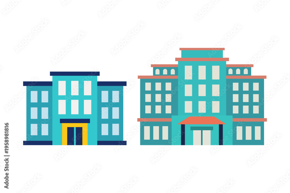 Fototapeta premium Modern hotel building facade with blue glass windows and entrance door in flat design style.