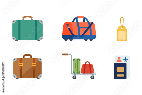 Travel luggage set including suitcases, duffel bag, airport trolley, passport and baggage tag icons.