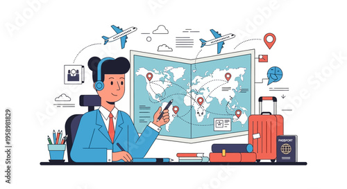 Travel agent planning a trip with world map.
