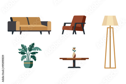 Living room interior furniture set with modern sofa, armchair, floor lamp, potted plant and coffee table.