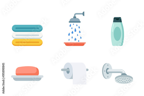 Bathroom accessories set including towels, shower head, shampoo bottle, soap bar and toilet paper roll.