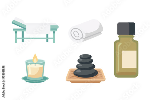 Spa and wellness elements with massage bed, essential oil, aromatherapy candle, hot stones and towels.