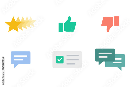 Customer feedback and rating icons with stars, thumb up, thumb down, chat bubbles and checklist.