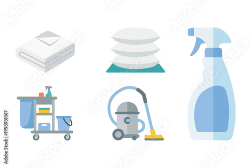 Hotel housekeeping equipment set with cleaning trolley, vacuum cleaner, detergent spray and clean towels.