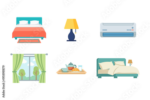 Hotel bedroom interior with double bed, bedside lamp, air conditioner, breakfast tray and window view.