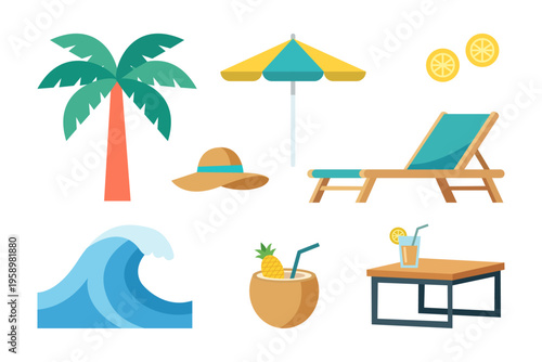 Summer beach vacation icons with palm tree, sun umbrella, lounge chair, coconut drink, waves and hat.