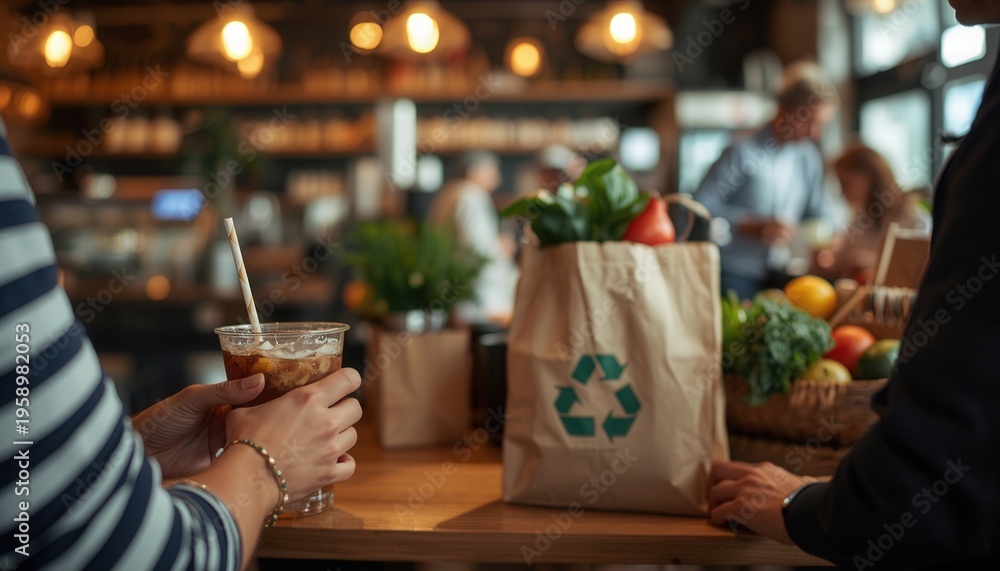 custom made wallpaper toronto digitalSustainable Refreshment: A person enjoys a refreshing beverage at a cafe, next to a bag of fresh groceries with a recycling symbol, the scene conveys environmental consciousness and wholesome living.